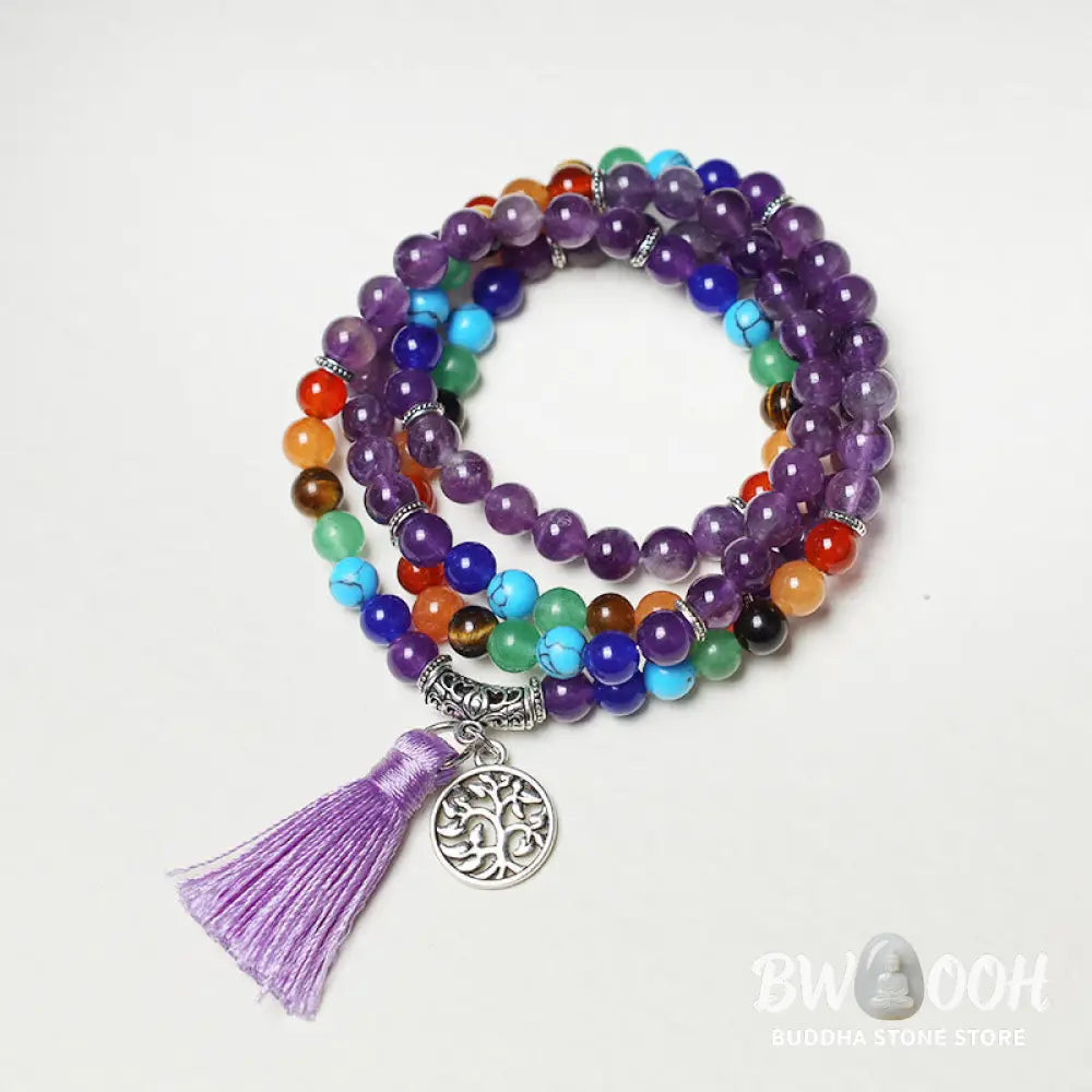 A BWOOOH 108-bead mala featuring 6mm polished Amethyst, lustrous Tiger Eye, and grounding Volcanic stones, styled as a multilayer bracelet and necklace for meditation and 7 Chakra healing. - View 2