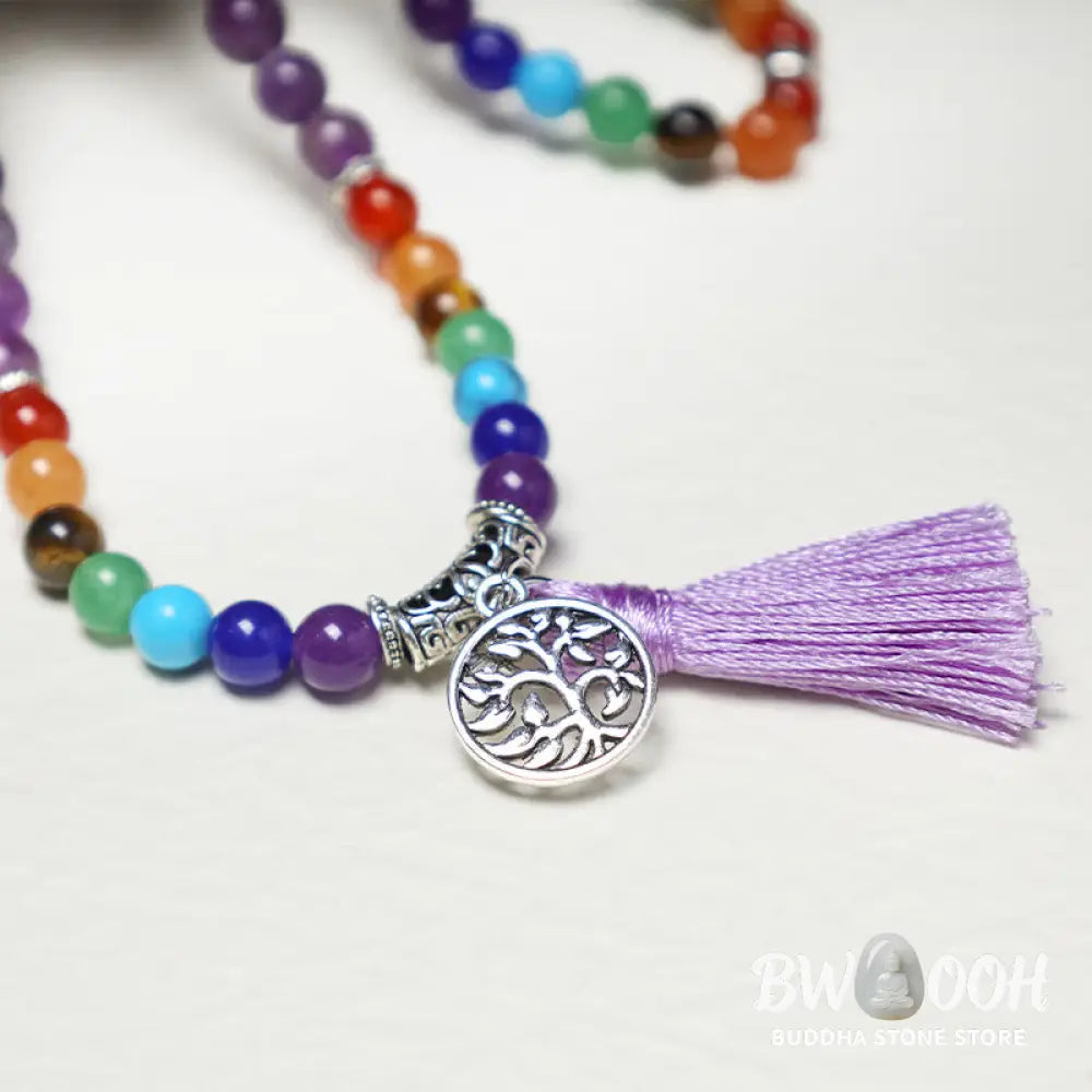 A BWOOOH 108-bead mala featuring 6mm polished Amethyst, lustrous Tiger Eye, and grounding Volcanic stones, styled as a multilayer bracelet and necklace for meditation and 7 Chakra healing. - View 4