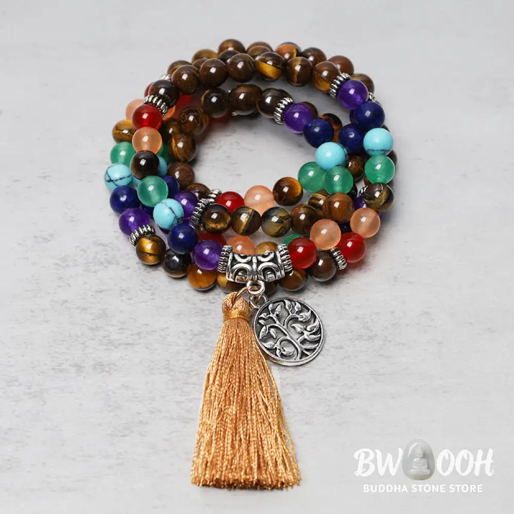 A BWOOOH 108-bead mala featuring 6mm polished Amethyst, lustrous Tiger Eye, and grounding Volcanic stones, styled as a multilayer bracelet and necklace for meditation and 7 Chakra healing. - View 11
