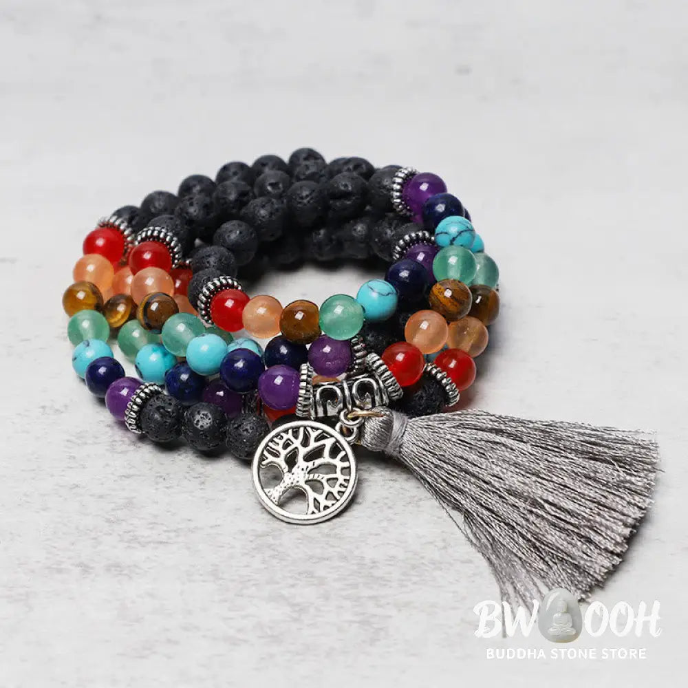 A BWOOOH 108-bead mala featuring 6mm polished Amethyst, lustrous Tiger Eye, and grounding Volcanic stones, styled as a multilayer bracelet and necklace for meditation and 7 Chakra healing. - View 14