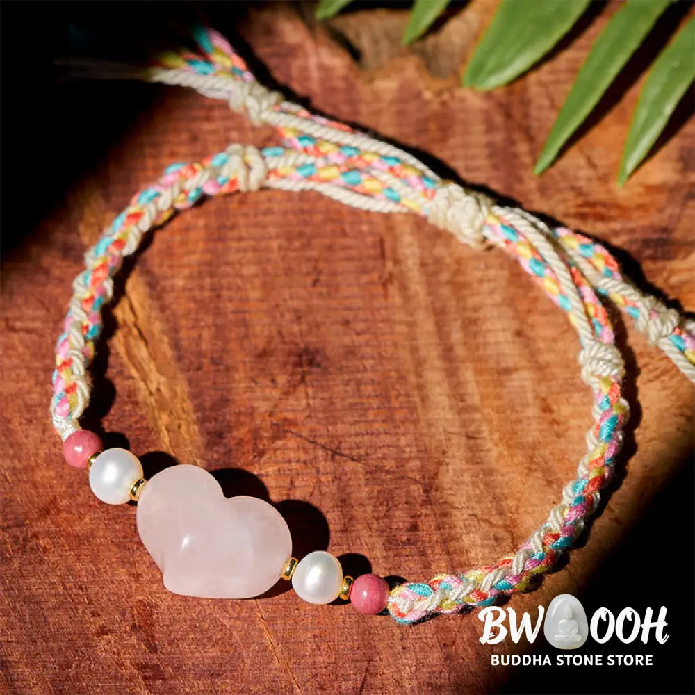 Buddha Stones Heart Design Pink Crystal Braided Rope Warmth Love Bracelet - Pink Crystal(Wrist Circumference: 13-20cm)
