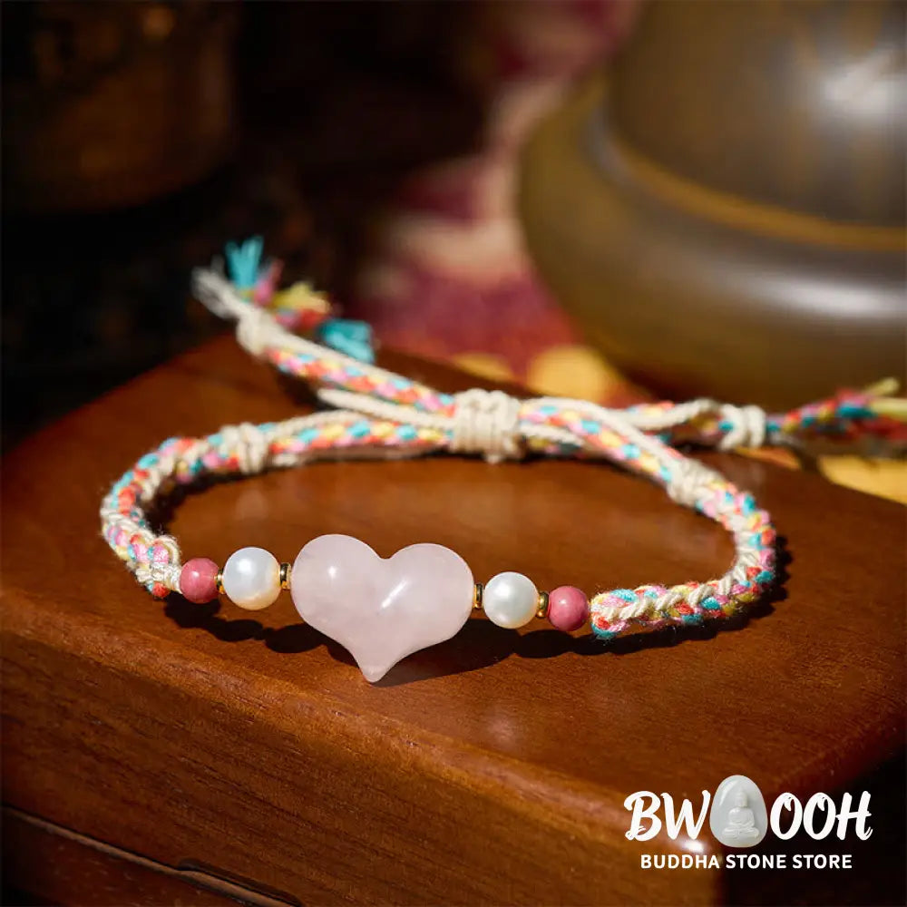 Buddha Stones Heart Design Pink Crystal Braided Rope Warmth Love Bracelet - Pink Crystal(Wrist Circumference: 13-20cm)
