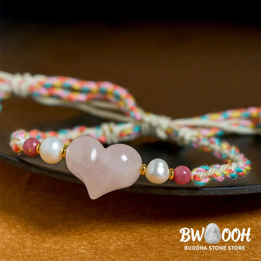 Buddha Stones Heart Design Pink Crystal Braided Rope Warmth Love Bracelet - Pink Crystal(Wrist Circumference: 13-20cm)