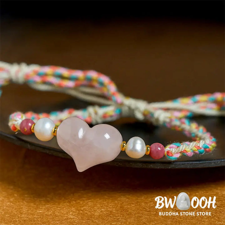 Buddha Stones Heart Design Pink Crystal Braided Rope Warmth Love Bracelet - Pink Crystal(Wrist Circumference: 13-20cm)