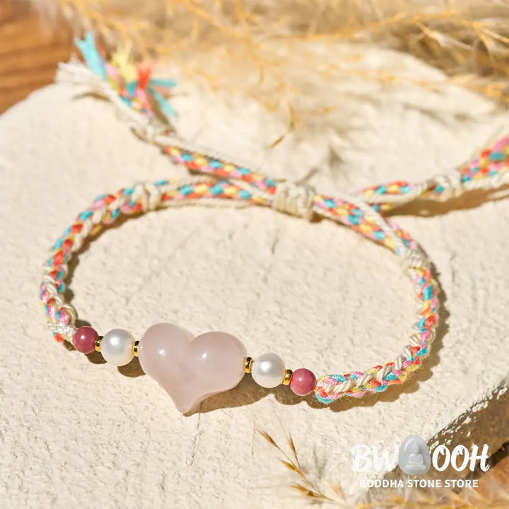 Buddha Stones Heart Design Pink Crystal Braided Rope Warmth Love Bracelet - Pink Crystal(Wrist Circumference: 13-20cm)