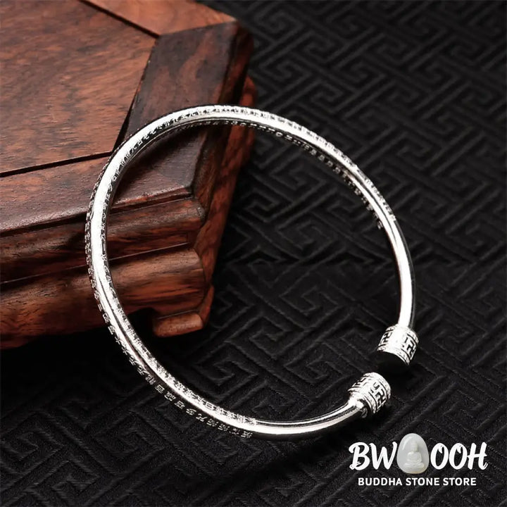 Buddha Stones Heart Sutra Engraved Swastika Pattern Luck White Copper Bracelet Bangle - Heart Sutra Bangle - Bracelet