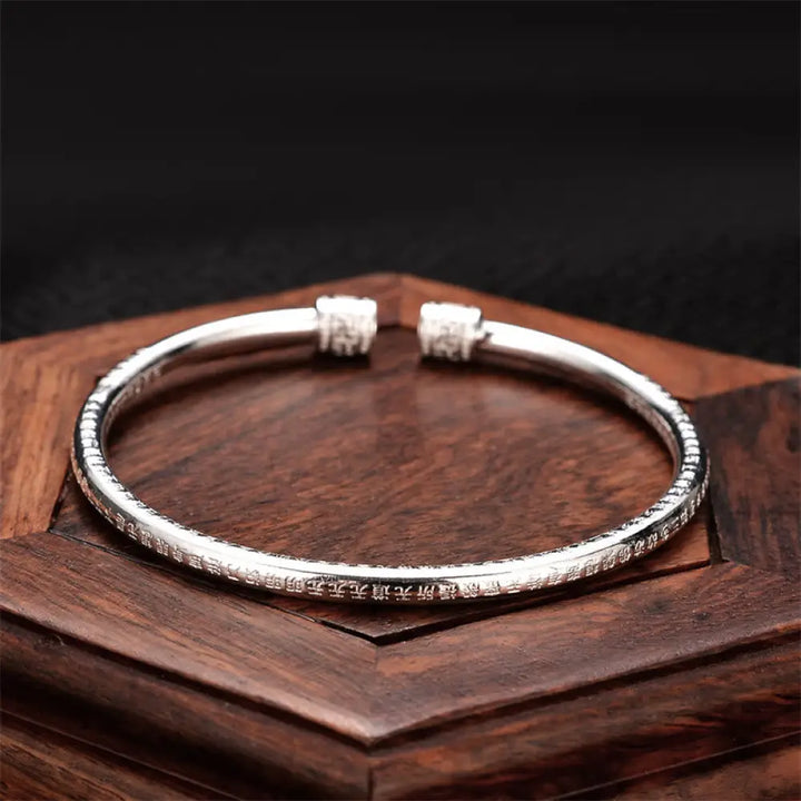 Buddha Stones Heart Sutra Engraved Swastika Pattern Luck White Copper Bracelet Bangle - Heart Sutra Bangle - Bracelet