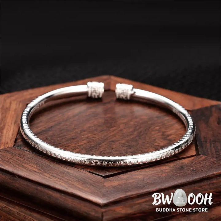Buddha Stones Heart Sutra Engraved Swastika Pattern Luck White Copper Bracelet Bangle - Heart Sutra Bangle - Bracelet