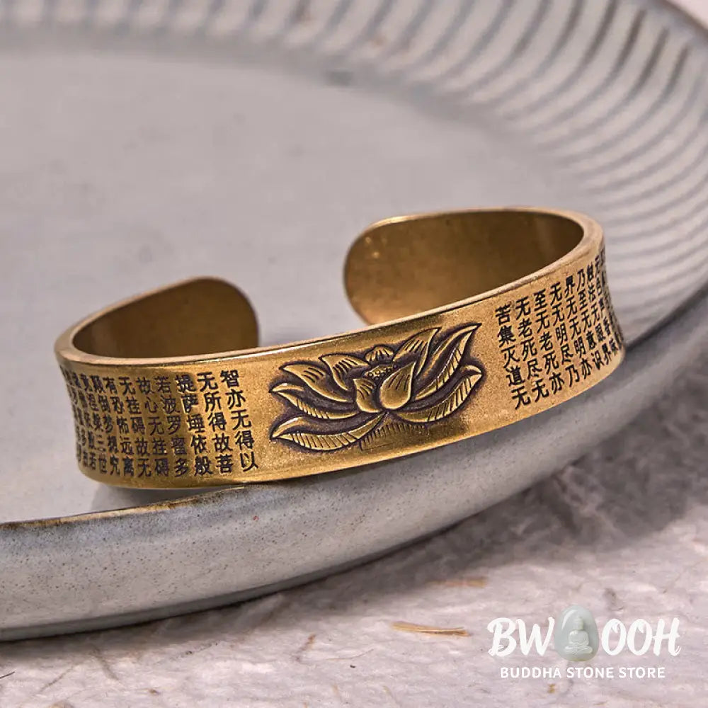 Buddha Stones Heart Sutra Lotus Flower Copper Brass Peace Cuff Bracelet Bangle - BWOOOH - Bracelet Bangle
