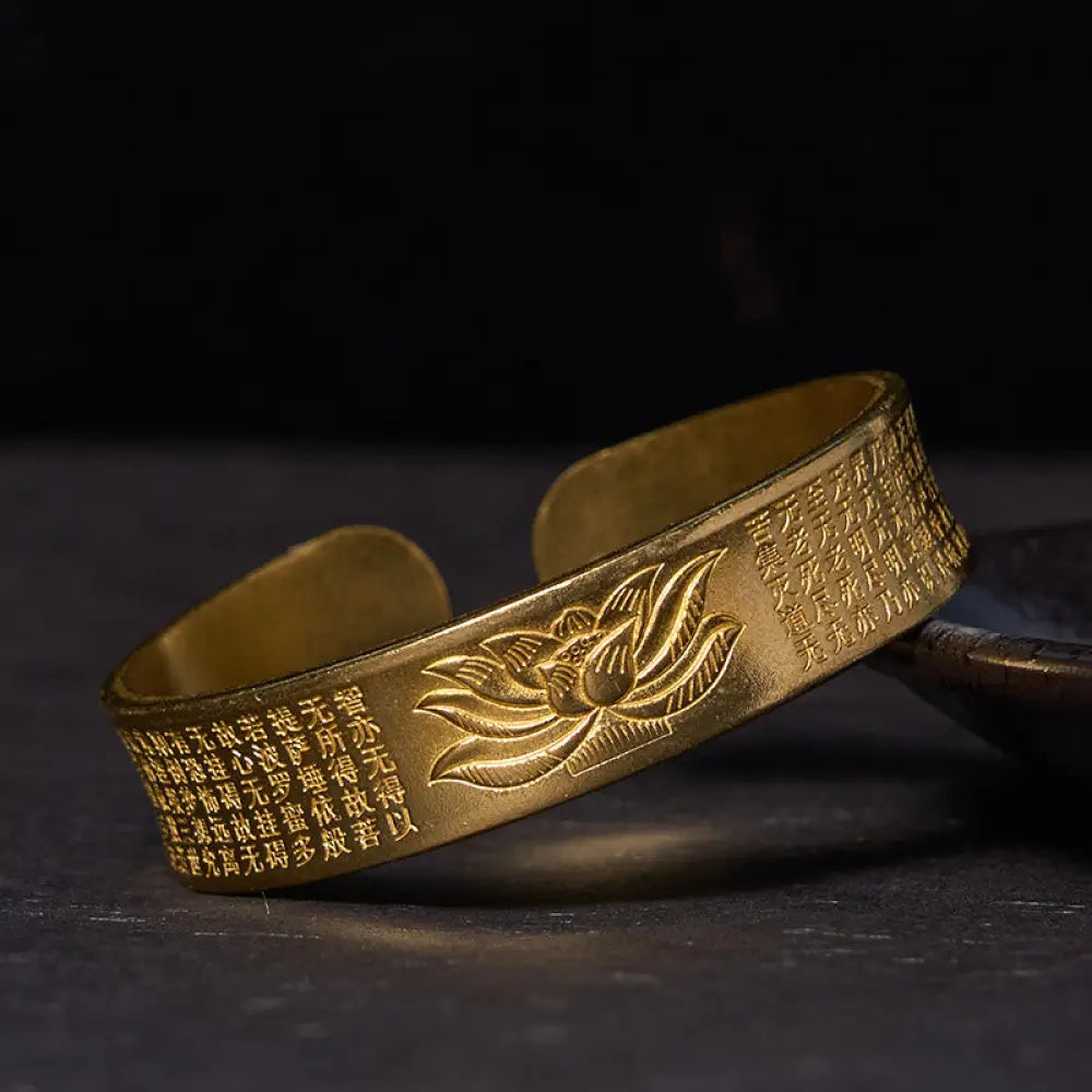 Buddha Stones Heart Sutra Lotus Flower Copper Brass Peace Cuff Bracelet Bangle - BWOOOH - Polished(Wrist Circumference: