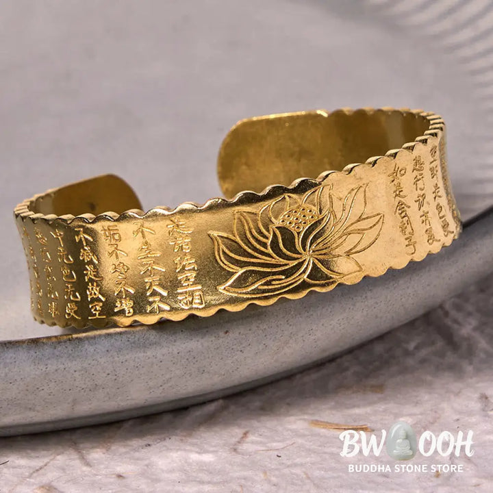 Buddha Stones Heart Sutra Lotus Flower Copper Brass Peace Enlightenment Cuff Bracelet Bangle - BWOOOH - Bracelet Bangle