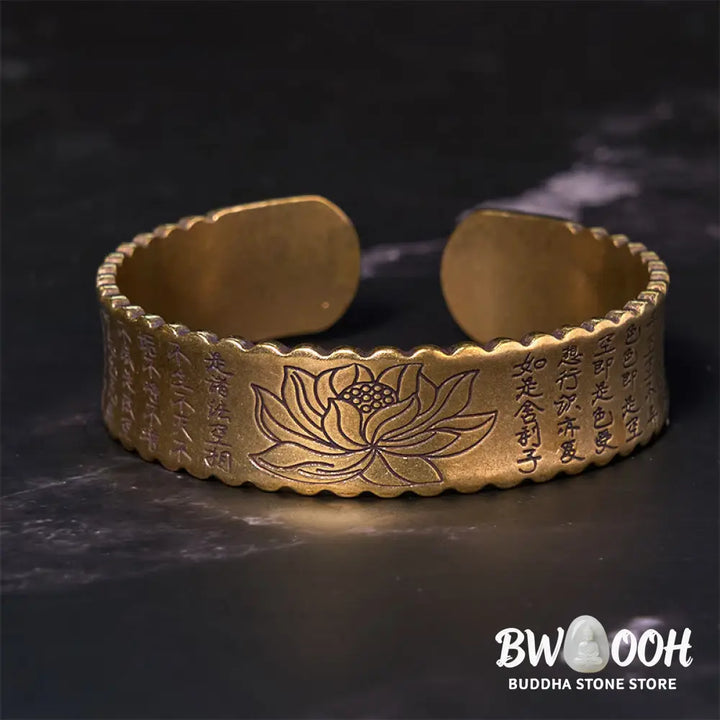 Buddha Stones Heart Sutra Lotus Flower Copper Brass Peace Enlightenment Cuff Bracelet Bangle - BWOOOH - Bracelet Bangle