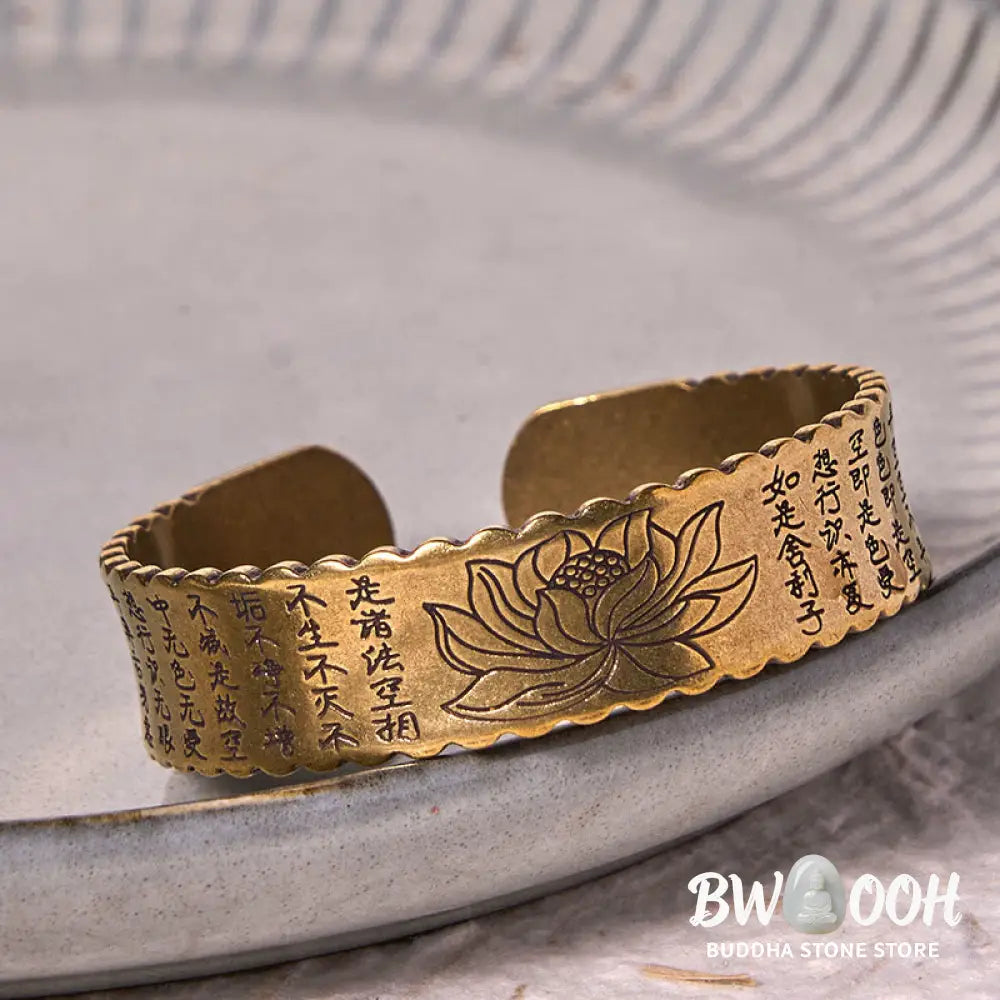 Buddha Stones Heart Sutra Lotus Flower Copper Brass Peace Enlightenment Cuff Bracelet Bangle - BWOOOH - Bracelet Bangle