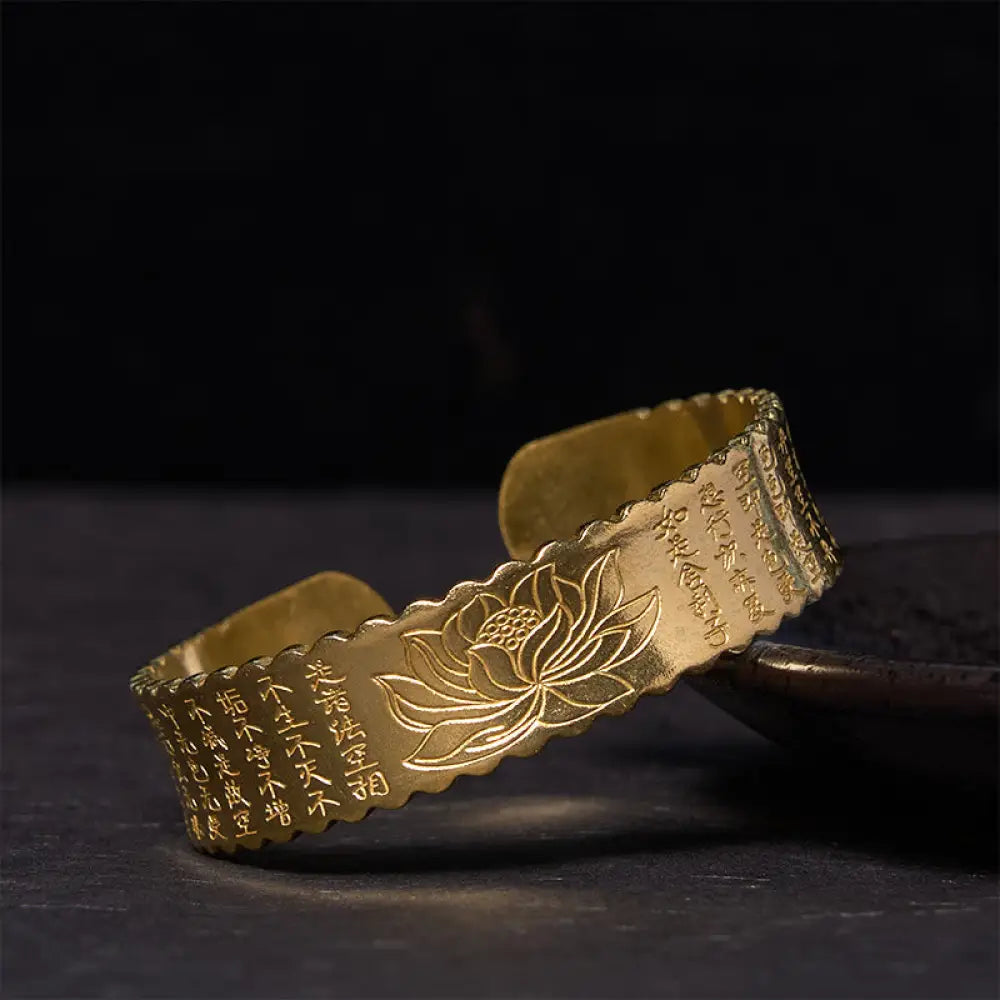 Buddha Stones Heart Sutra Lotus Flower Copper Brass Peace Enlightenment Cuff Bracelet Bangle - BWOOOH - Polished(Wrist