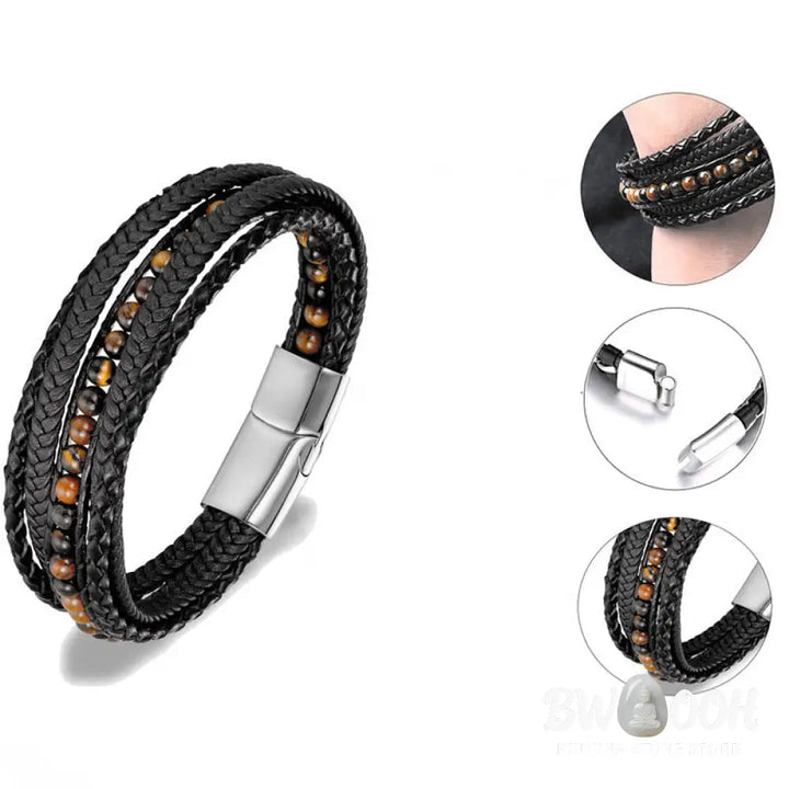 Buddha Stones Hematite Indian Agate Tiger Eye Amazonite Beaded Leather Strengthen Bracelet - Bracelet