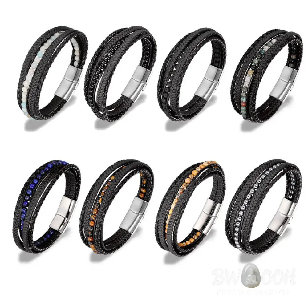 Buddha Stones Hematite Indian Agate Tiger Eye Amazonite Beaded Leather Strengthen Bracelet - Bracelet