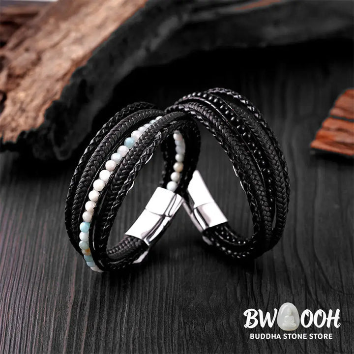 Buddha Stones Hematite Indian Agate Tiger Eye Amazonite Beaded Leather Strengthen Bracelet - Bracelet