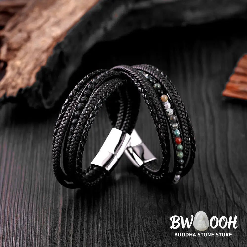 Buddha Stones Hematite Indian Agate Tiger Eye Amazonite Beaded Leather Strengthen Bracelet - Bracelet