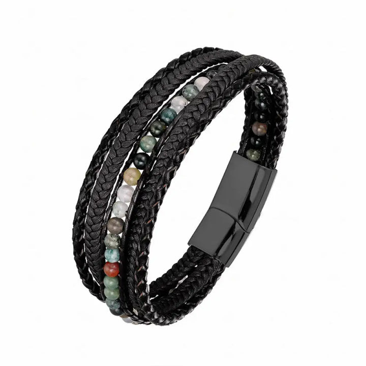Buddha Stones Hematite Indian Agate Tiger Eye Amazonite Beaded Leather Strengthen Bracelet - Indian Agate Black Buckle