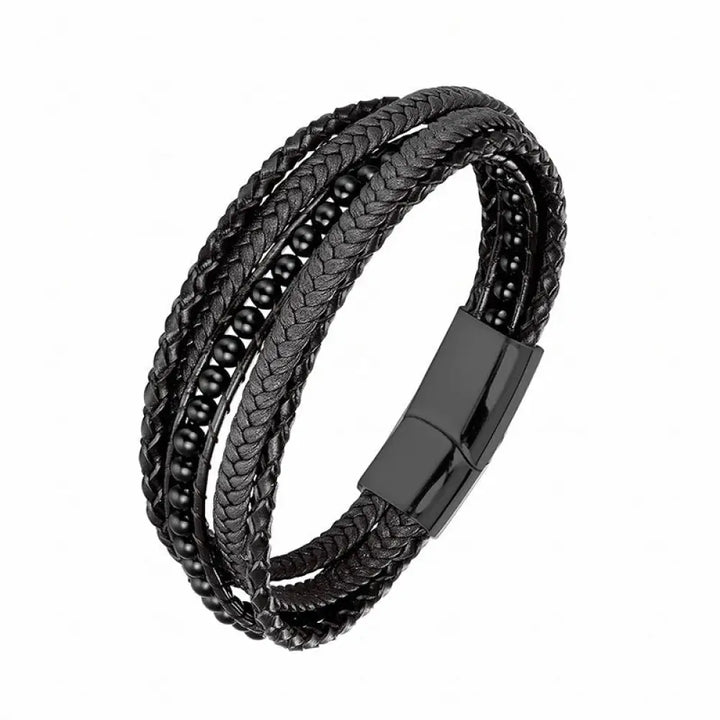 Buddha Stones Hematite Indian Agate Tiger Eye Amazonite Beaded Leather Strengthen Bracelet - Black Onyx Black Buckle