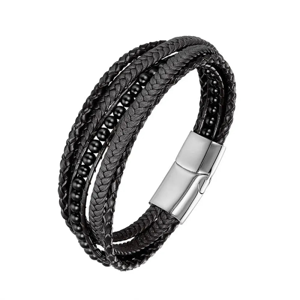 Buddha Stones Hematite Indian Agate Tiger Eye Amazonite Beaded Leather Strengthen Bracelet - Black Onyx Silver Buckle