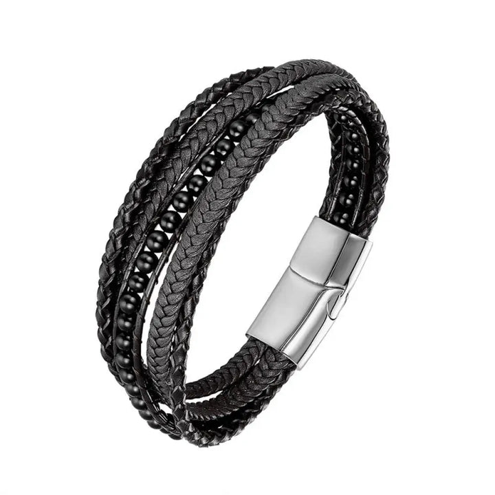 Buddha Stones Hematite Indian Agate Tiger Eye Amazonite Beaded Leather Strengthen Bracelet - Black Onyx Silver Buckle