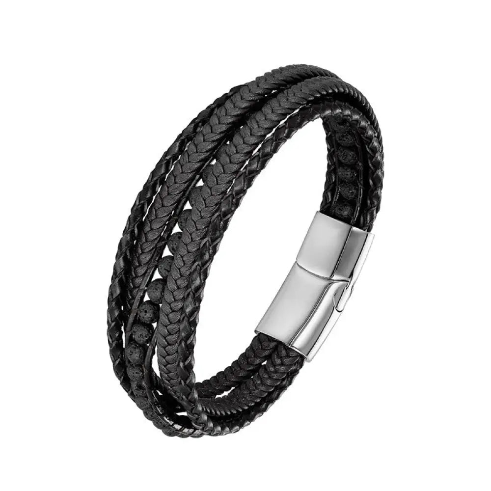 Buddha Stones Hematite Indian Agate Tiger Eye Amazonite Beaded Leather Strengthen Bracelet - Lava Rock Silver Buckle