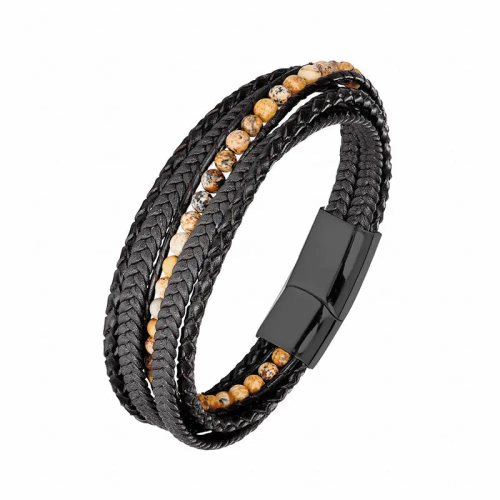 Buddha Stones Hematite Indian Agate Tiger Eye Amazonite Beaded Leather Strengthen Bracelet - Picture Jasper Black