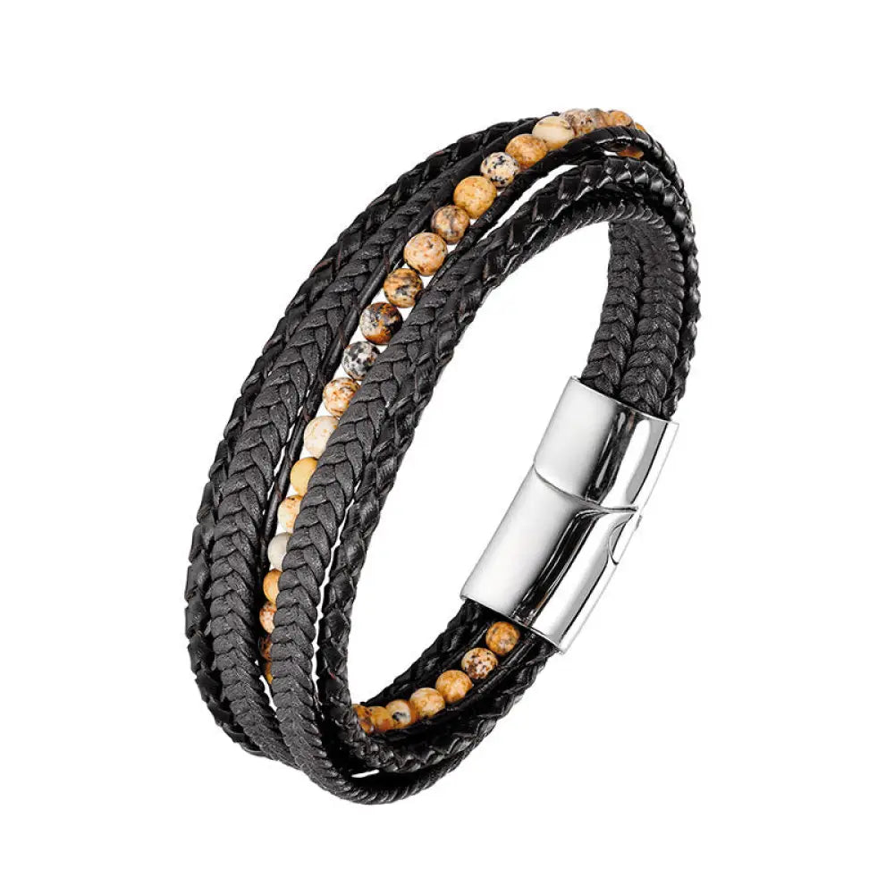 Buddha Stones Hematite Indian Agate Tiger Eye Amazonite Beaded Leather Strengthen Bracelet - Picture Jasper Silver