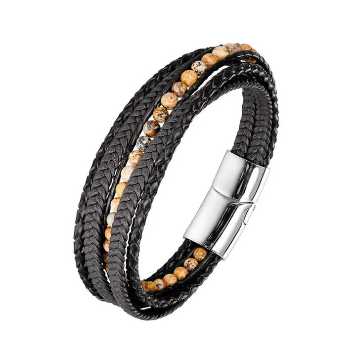 Buddha Stones Hematite Indian Agate Tiger Eye Amazonite Beaded Leather Strengthen Bracelet - Picture Jasper Silver
