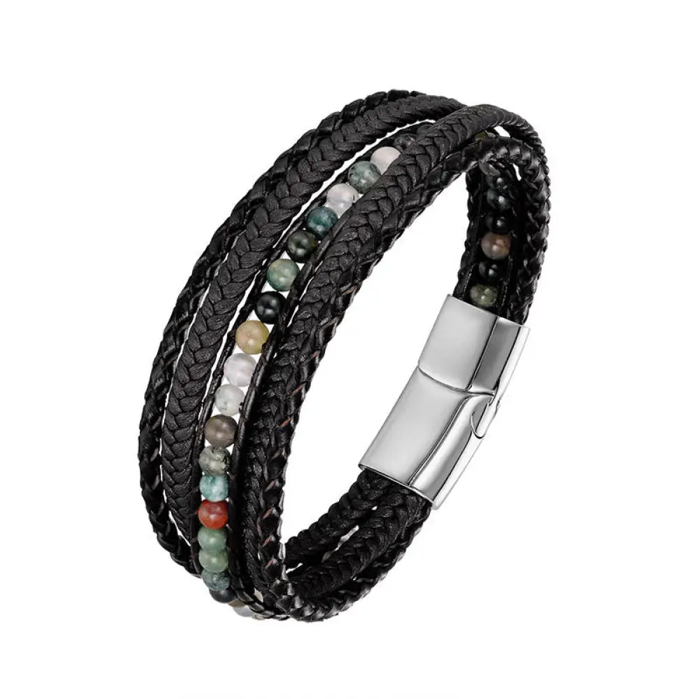 Buddha Stones Hematite Indian Agate Tiger Eye Amazonite Beaded Leather Strengthen Bracelet - Indian Agate Silver Buckle