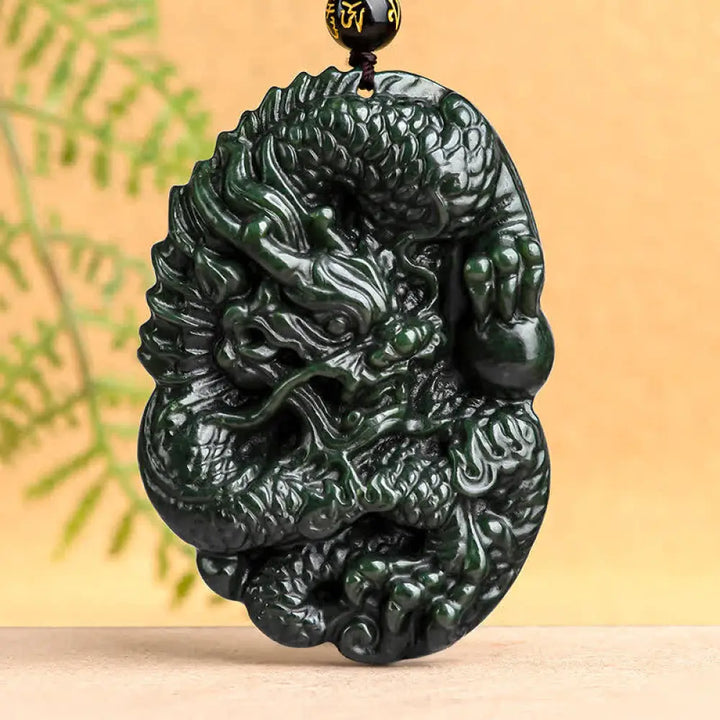 BWOOOH Hetian Cyan Jade Dragon Success Harmony Necklace Beaded String Pendant — premium Hetian jade dragon carving