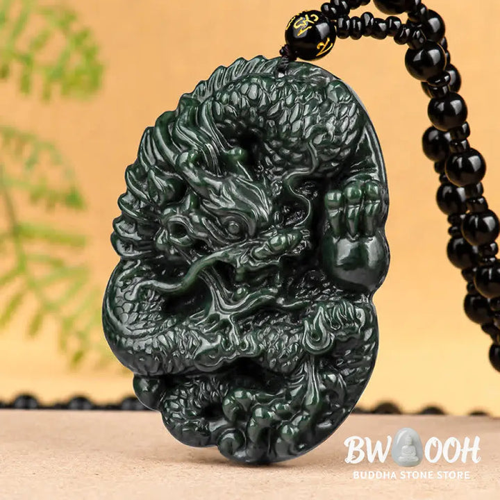 Buddha Stones Hetian Cyan Jade Dragon Success Harmony Necklace Beaded String Pendant - BWOOOH - Hetian Cyan Jade