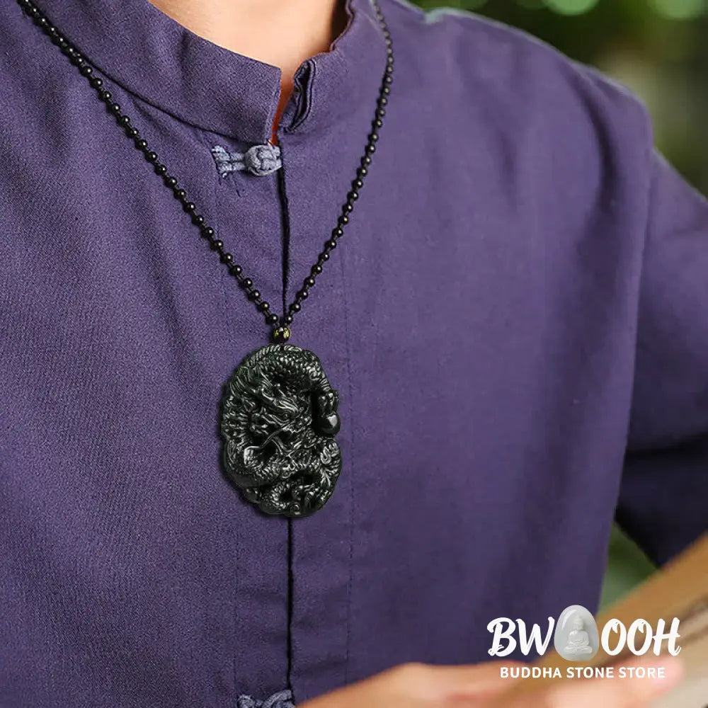 Buddha Stones Hetian Cyan Jade Dragon Success Harmony Necklace Beaded String Pendant - BWOOOH - Hetian Cyan Jade
