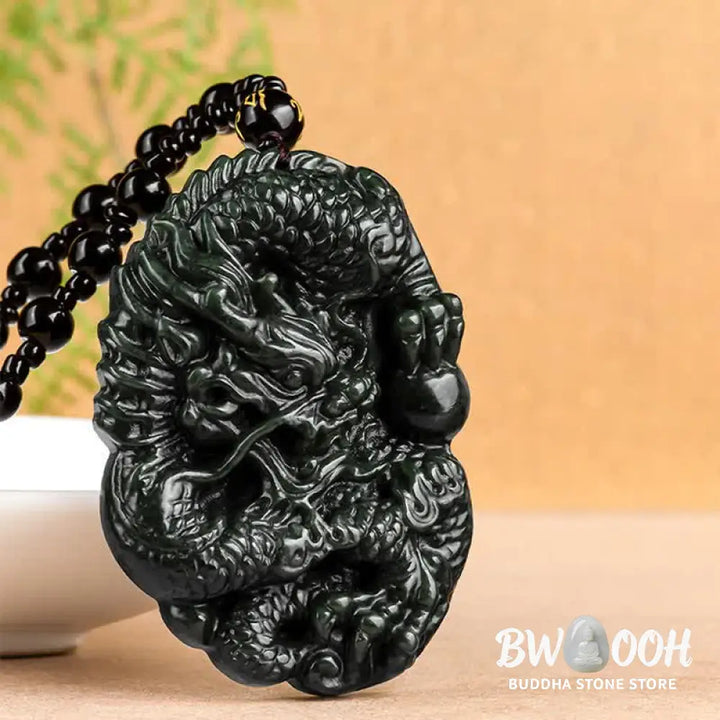 Buddha Stones Hetian Cyan Jade Dragon Success Harmony Necklace Beaded String Pendant - BWOOOH - Hetian Cyan Jade