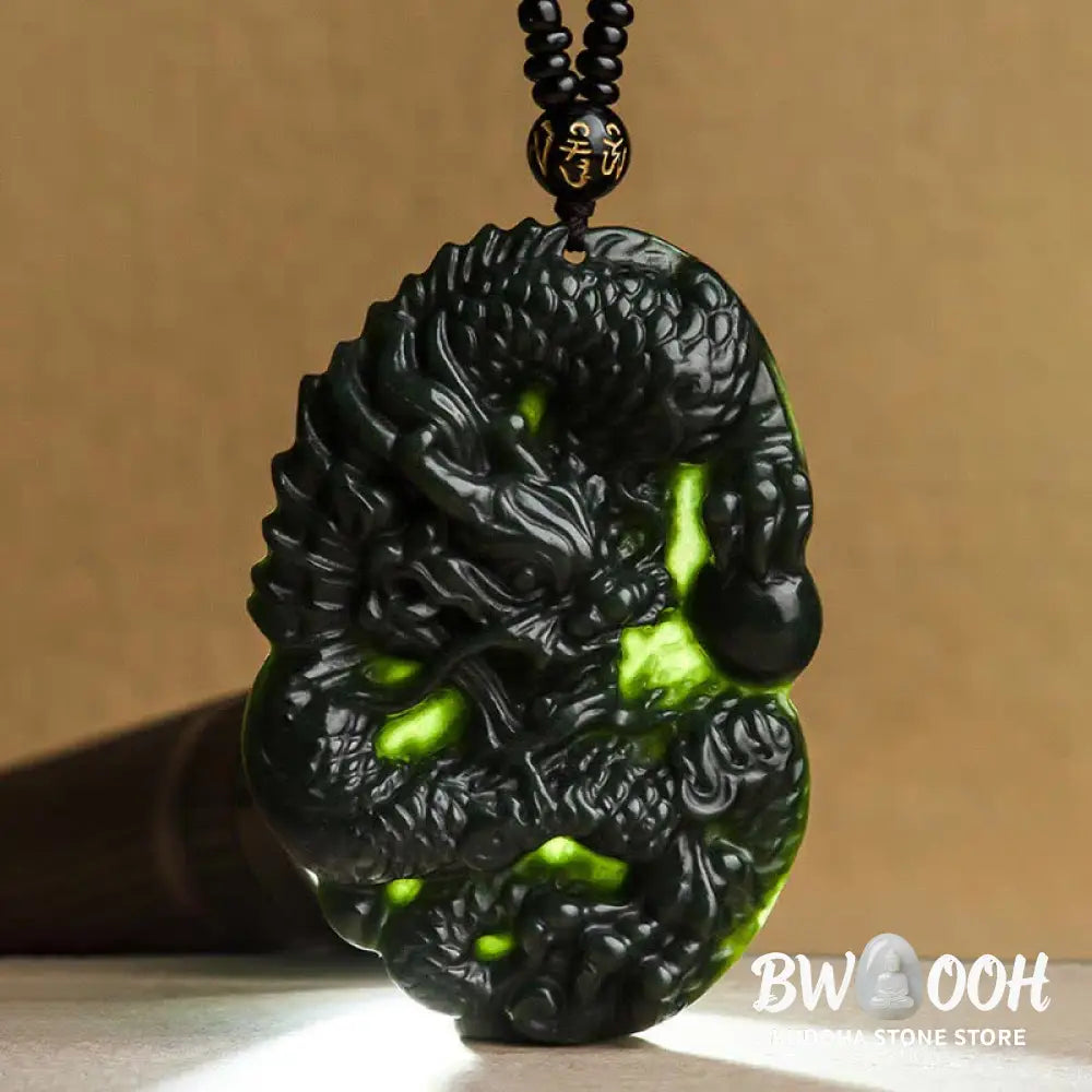 Buddha Stones Hetian Cyan Jade Dragon Success Harmony Necklace Beaded String Pendant - BWOOOH - Hetian Cyan Jade