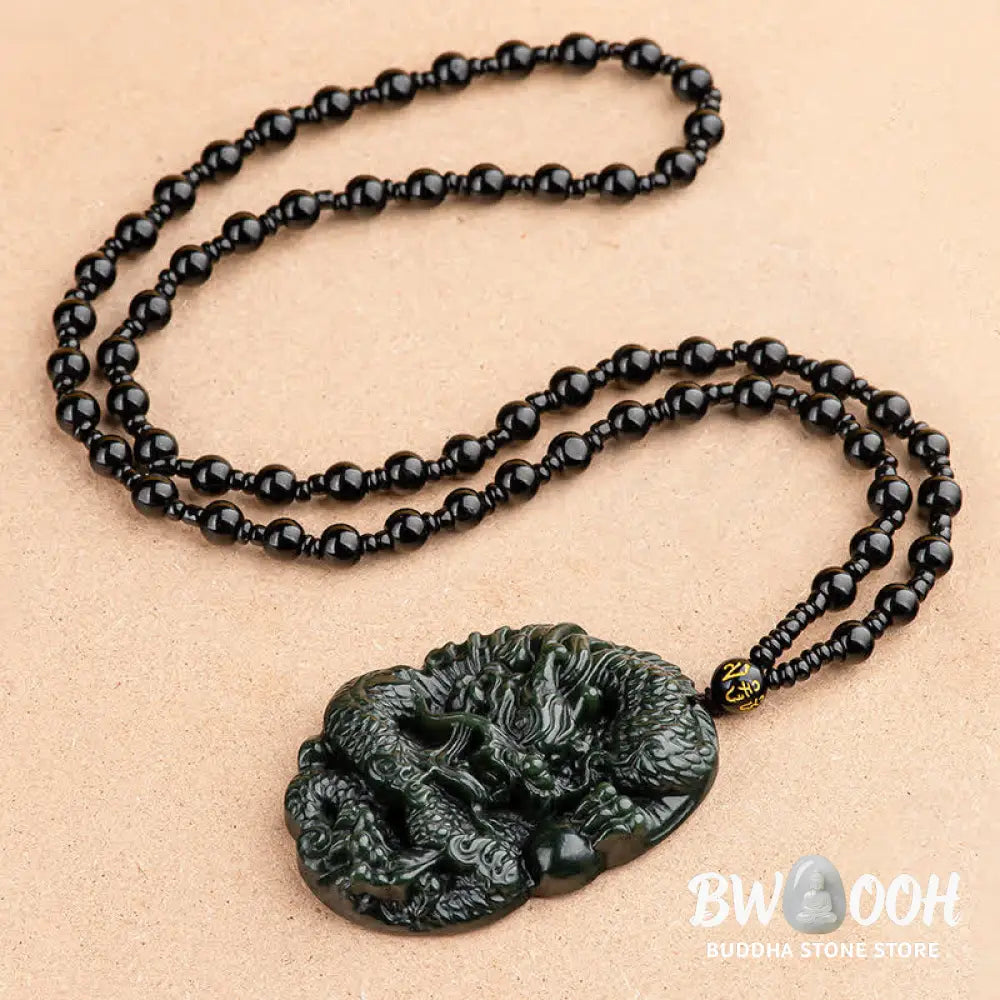 Buddha Stones Hetian Cyan Jade Dragon Success Harmony Necklace Beaded String Pendant - BWOOOH - Hetian Cyan Jade