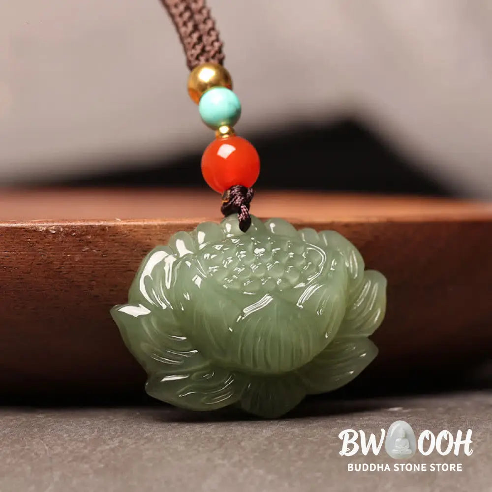 Buddha Stones Hetian Cyan Jade Lotus Flower Success Necklace Pendant - BWOOOH - Hetian Cyan Jade(Success ♥ Healing)