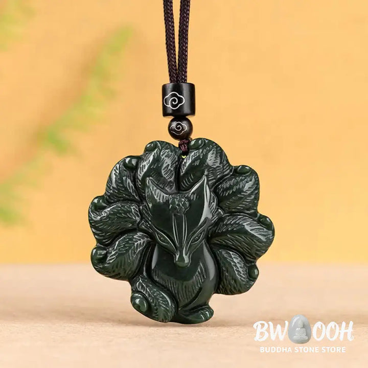 Buddha Stones Hetian Cyan Jade Nine Tailed Fox Luck Necklace String Pendant - BWOOOH - Hetian Cyan Jade (Success ♥