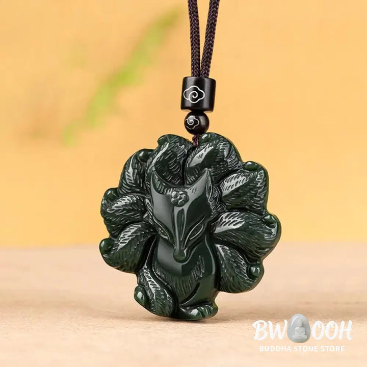 Buddha Stones Hetian Cyan Jade Nine Tailed Fox Luck Necklace String Pendant - BWOOOH - Hetian Cyan Jade (Success ♥