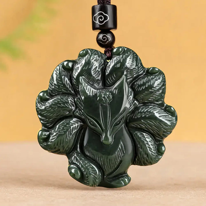 BWOOOH Hetian Cyan Jade Nine-Tailed Fox luck pendant on adjustable string necklace for transformation and wish fulfillment