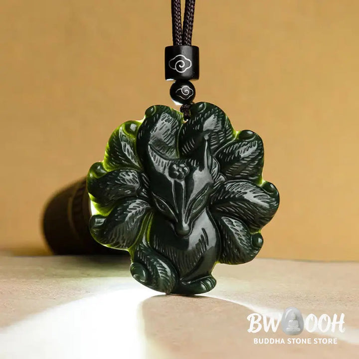 Buddha Stones Hetian Cyan Jade Nine Tailed Fox Luck Necklace String Pendant - BWOOOH - Hetian Cyan Jade (Success ♥