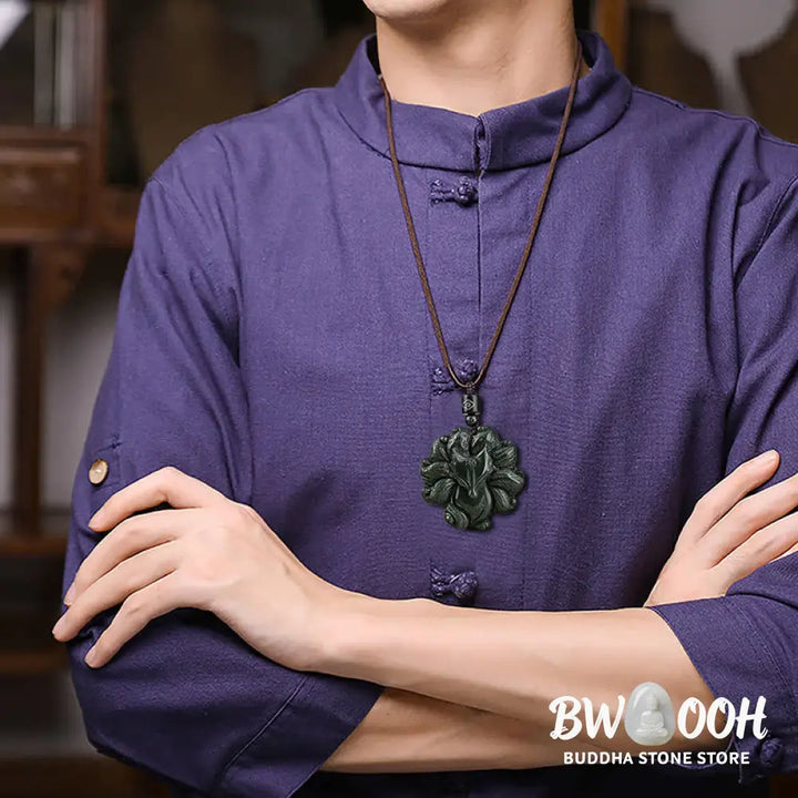 Buddha Stones Hetian Cyan Jade Nine Tailed Fox Luck Necklace String Pendant - BWOOOH - Hetian Cyan Jade (Success ♥