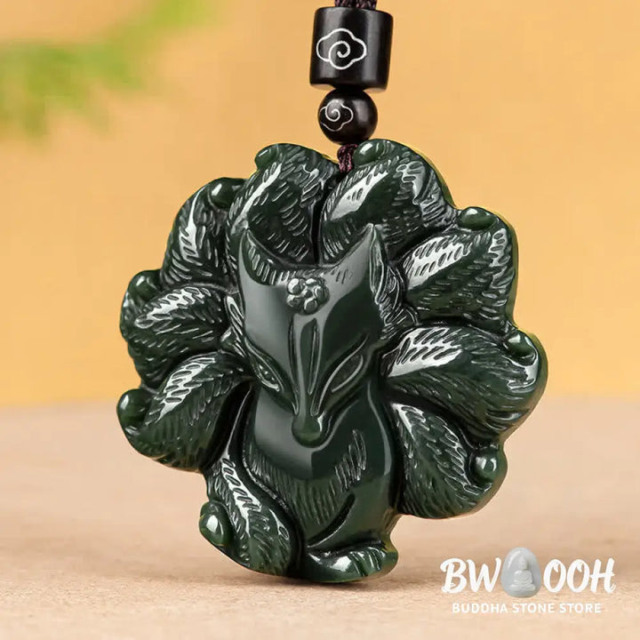 Buddha Stones Hetian Cyan Jade Nine Tailed Fox Luck Necklace String Pendant - BWOOOH - Hetian Cyan Jade (Success ♥
