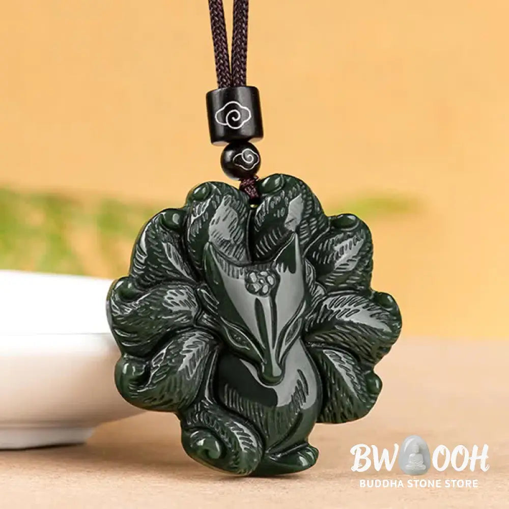 Buddha Stones Hetian Cyan Jade Nine Tailed Fox Luck Necklace String Pendant - BWOOOH - Hetian Cyan Jade (Success ♥