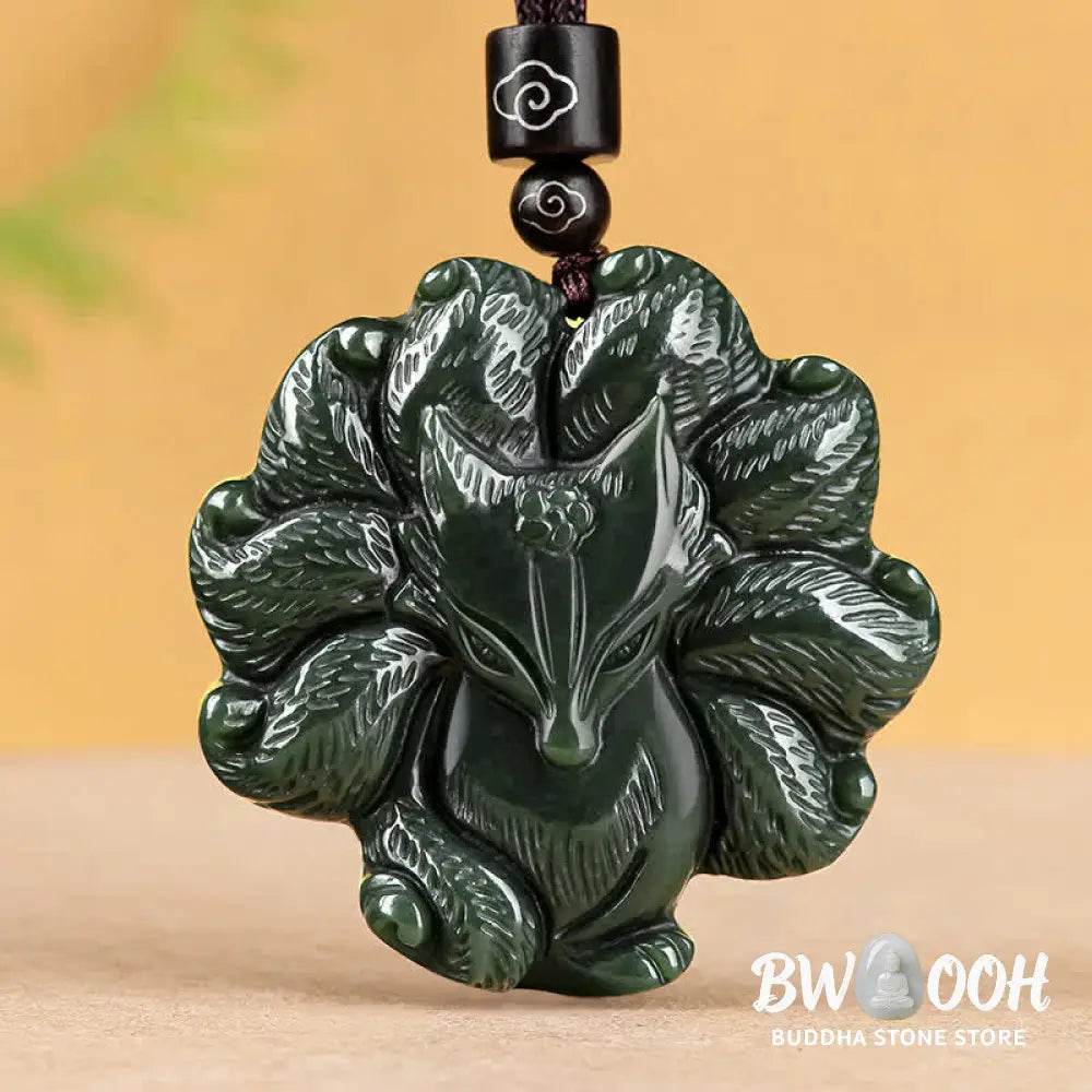 Buddha Stones Hetian Cyan Jade Nine Tailed Fox Luck Necklace String Pendant - BWOOOH - Hetian Cyan Jade (Success ♥