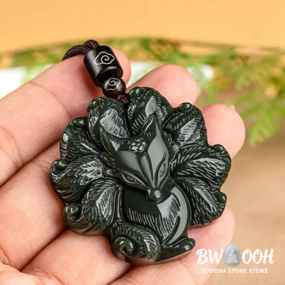Buddha Stones Hetian Cyan Jade Nine Tailed Fox Luck Necklace String Pendant - BWOOOH - Hetian Cyan Jade (Success ♥