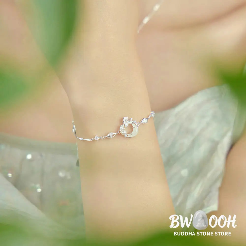 Buddha Stones Hetian Jade 925 Sterling Silver Cubic Zirconia Pearl Lotus Bracelet - BWOOOH - Hetian Jade 925 Sterling