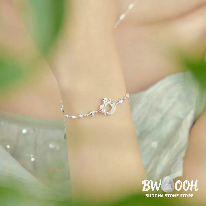 Buddha Stones Hetian Jade 925 Sterling Silver Cubic Zirconia Pearl Lotus Bracelet - BWOOOH - Hetian Jade 925 Sterling