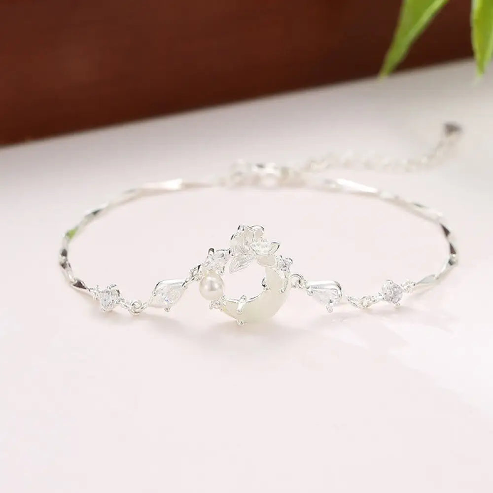 BWOOOH Hetian Jade 925 Sterling Silver Cubic Zirconia Pearl Lotus Bracelet - BWOOOH - Hetian Jade 925 Sterling